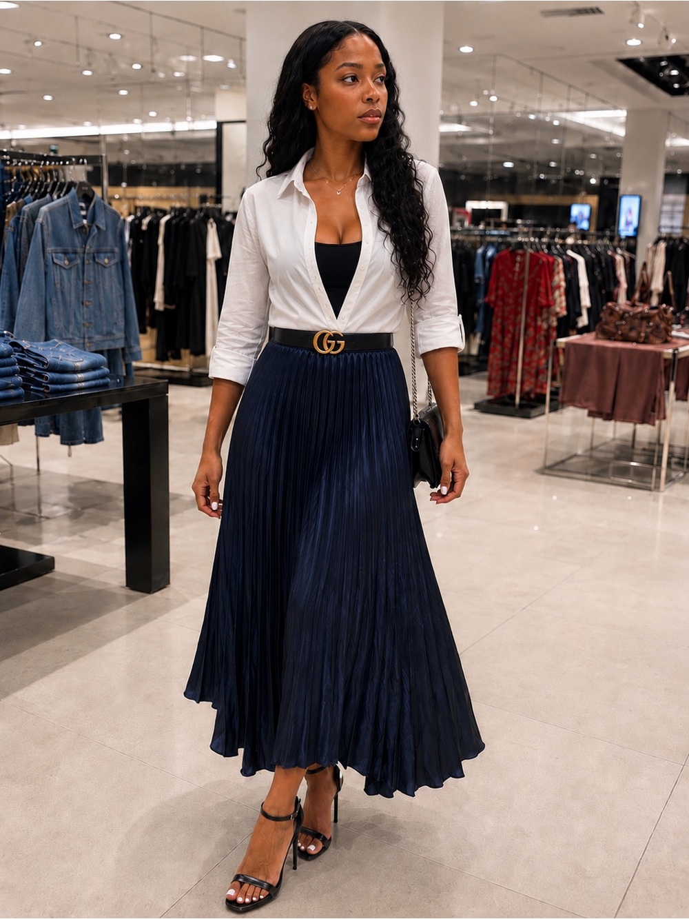 glam Navy Pleated Maxi Skirt